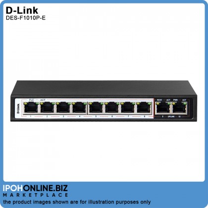 D-Link DES-F1010P-E 250M 10-Port Fast Ethernet Switch with 8 PoE Ports & 2 Uplink Ports
